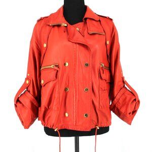 GUCCI Orange Leather Gold Zip Up Moto Jacket Rolled Long Sleeves 44 Large NEW